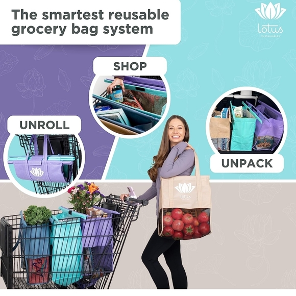 Lotus Trolley Bags - Reusable Shopping Bags- Set of 4 - Picture 2 of 13